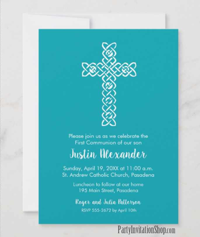 White Cross on Tiffany Blue First Communion, Baptism, Christening Invitations