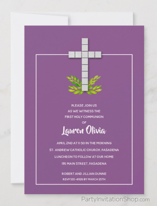 White Cross on Purple First Communion Invitations at PartyInvitationShop.com