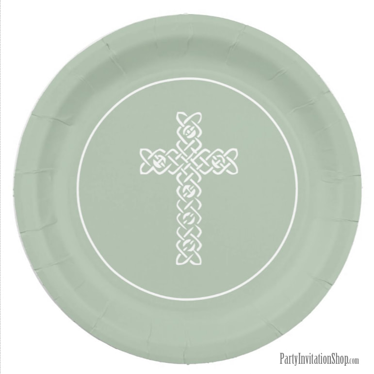 White Cross on Sage Religious Paper Plates