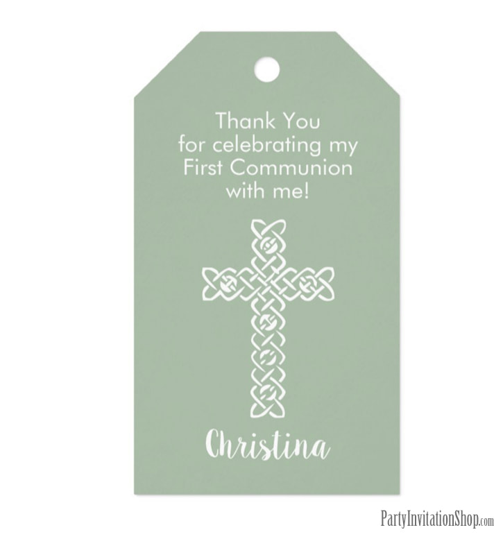 White Cross on Sage Religious Party Favor Tags