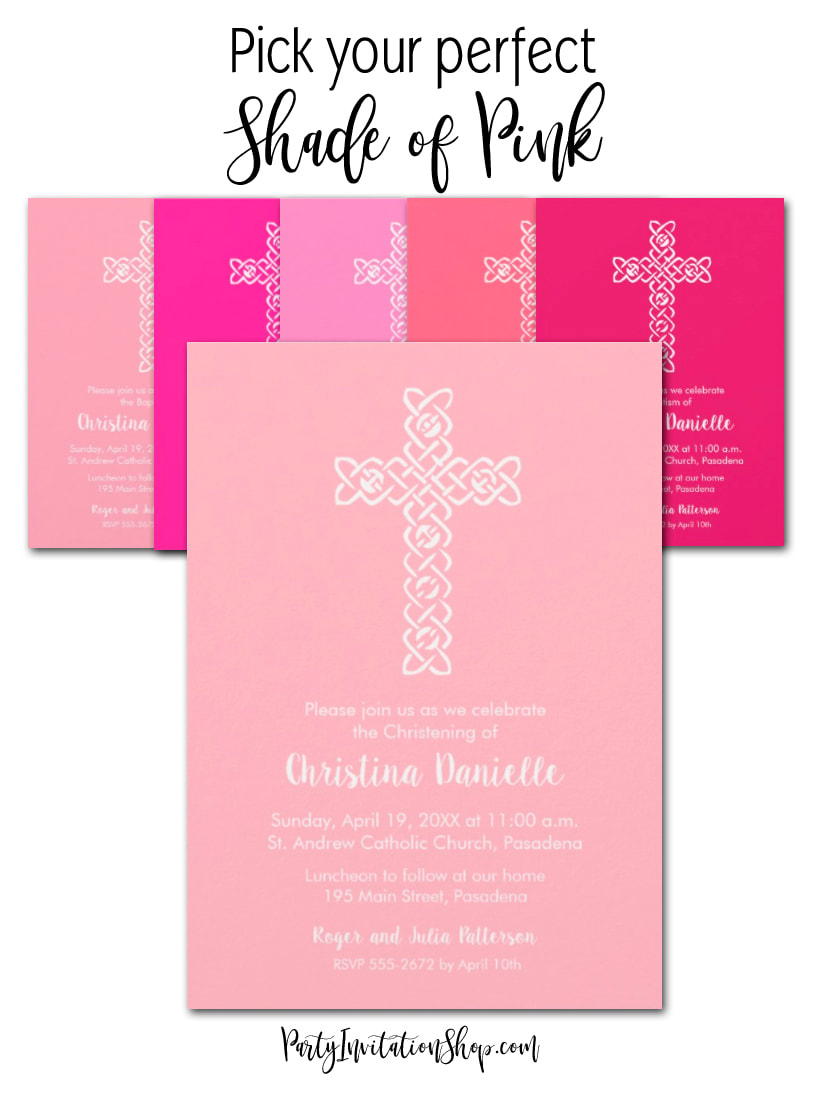 A white open weave cross on your choice of solid color backgrounds in lots of shades of some of the most popular colors, blue, pink, coral, peach, green, purple, silver, gold and more. Ideal invitations to coordinate colors for your child's Christening, Baptism or First Communion. PartyInvitationShop.com