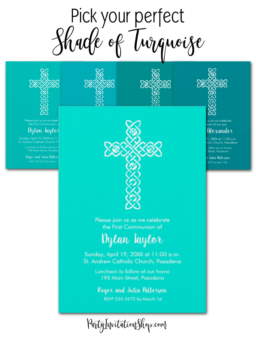 A white open weave cross on your choice of solid color backgrounds in lots of shades of some of the most popular colors, blue, pink, coral, peach, green, purple, silver, gold and more. Ideal invitations to coordinate colors for your child's Christening, Baptism or First Communion. PartyInvitationShop.com