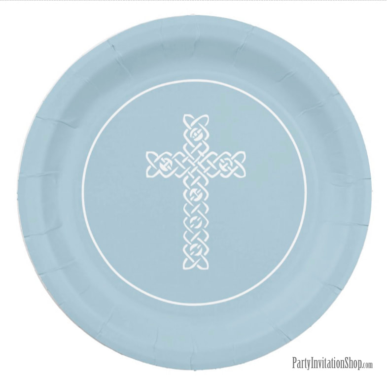 White Cross on Steel Blue Religious Paper Plates