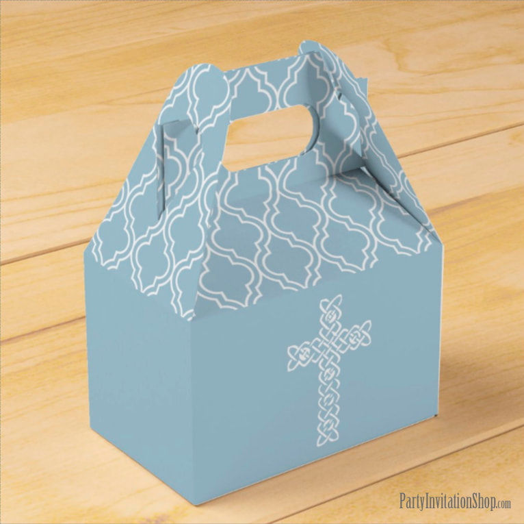 White Cross on Steel Blue Religious Party Favor Boxes