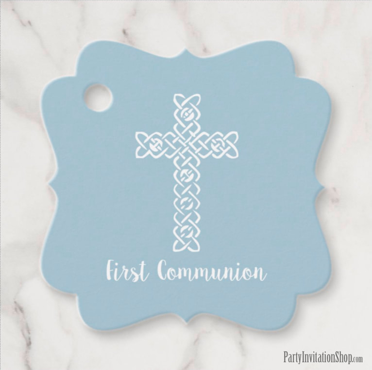 White Cross on Steel Blue Religious Party Favor Gift Tags
