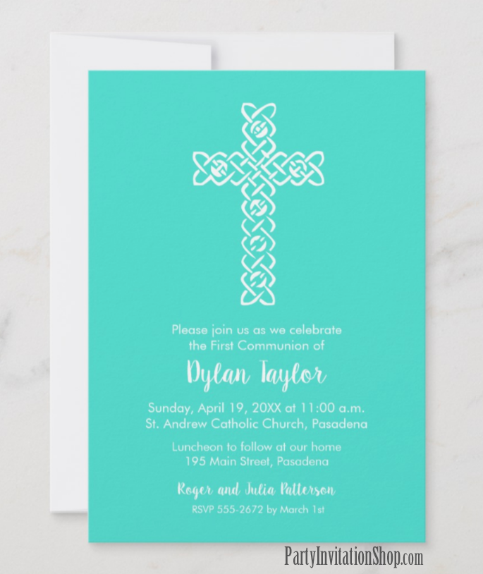 White Cross on Turquoise First Communion, Baptism, Christening Invitations