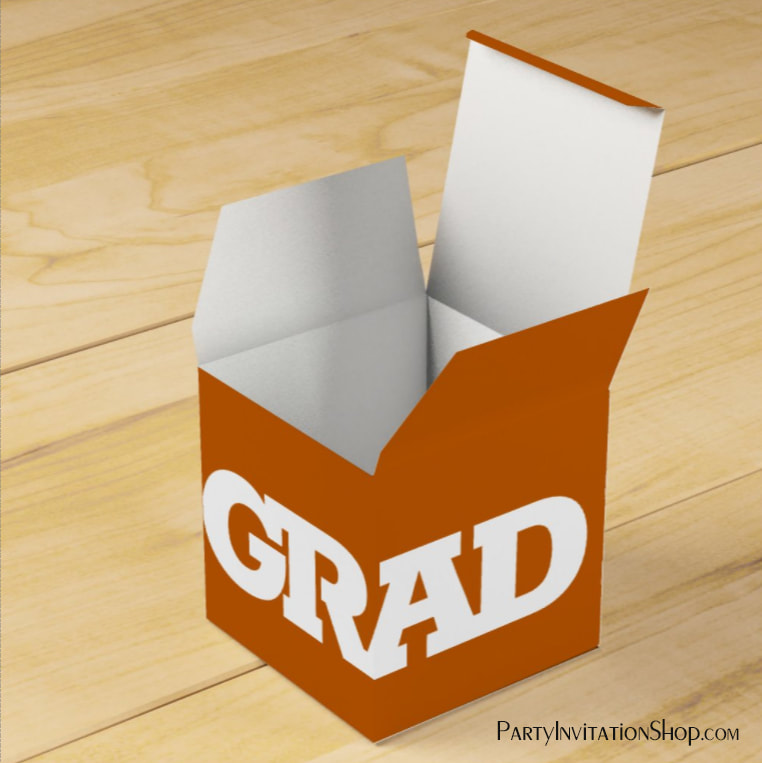 Bold GRAD White on Burnt Orange Graduation Party Favor Box