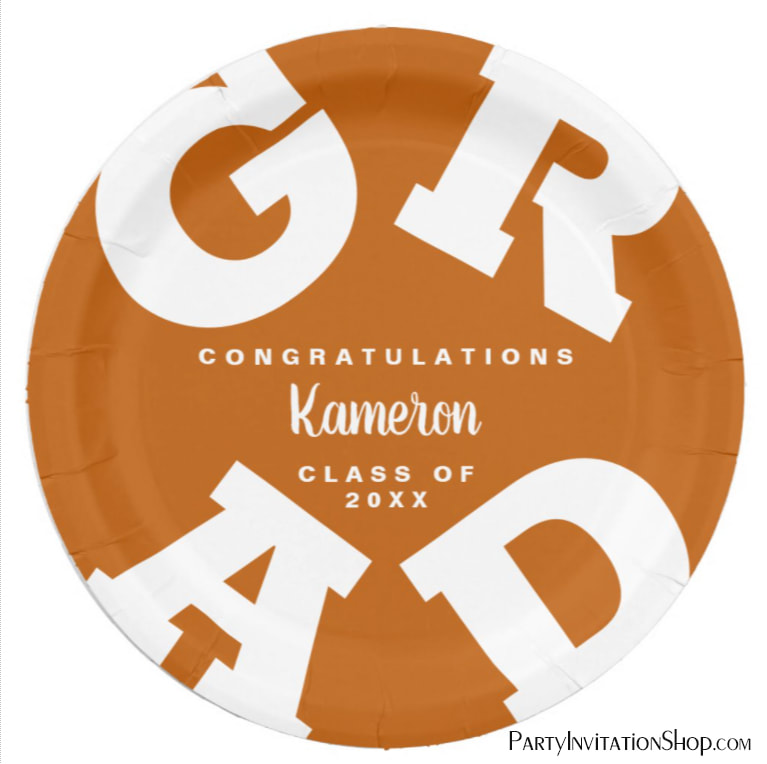 Burnt Orange and White Bold Text Graduation Paper Plate