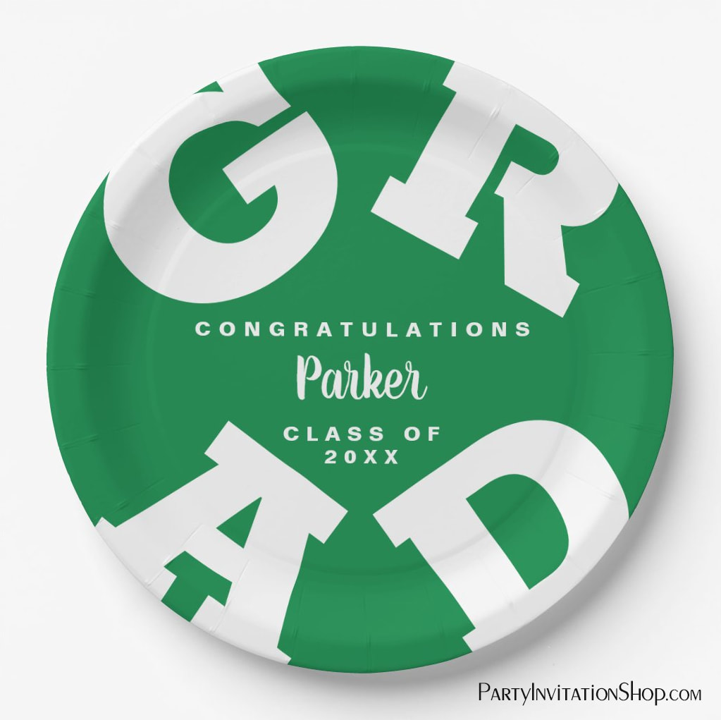 Bold GRAD Personalized White on Green Graduation Paper Plate