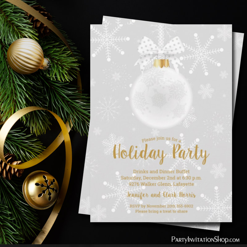 Elegant Snowflake White Ornament Christmas Holiday Party Invitations - PartyInvitationShop.com