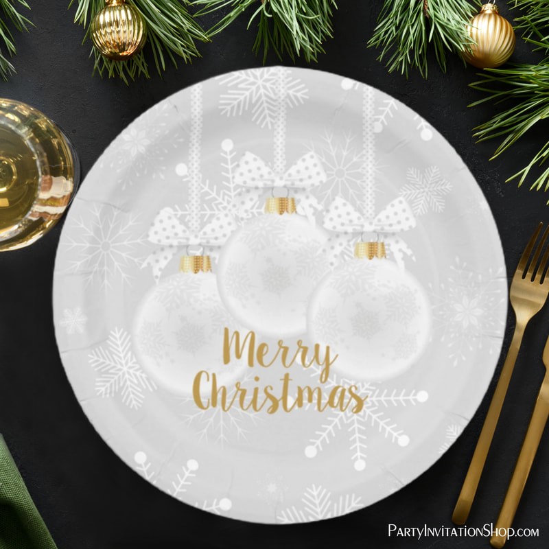Elegant Snowflake White Ornament Christmas Holiday Paper Plates - PartyInvitationShop.com