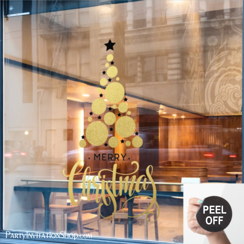 Merry Christmas Gold Tree Black Stars Holiday Window Cling