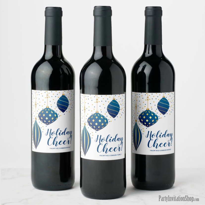 Personalized Wine Bottle Labels - Blue and Gold Christmas Ornaments