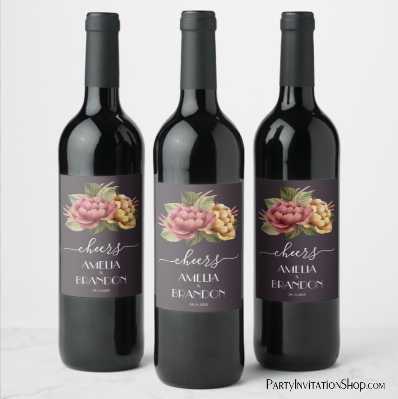 Dramatic Floral Wedding Wine Labels