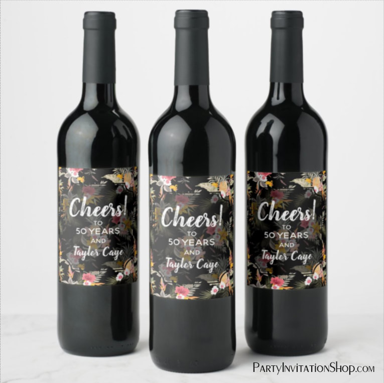 Tropical Pineapple Hibiscus Foliage on Black Wine Labels