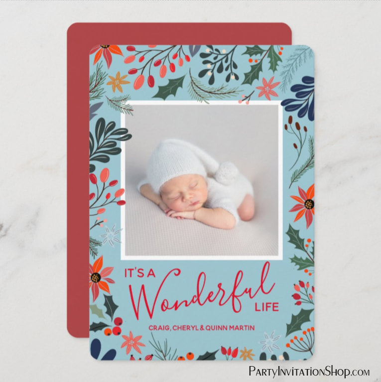 Winter Flowers Christmas Photo Birth Announcements