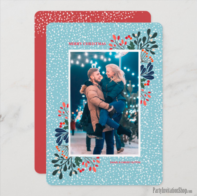 Snow and Floral Christmas Photo Holiday Cards