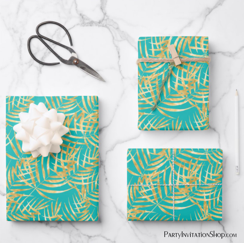 Gold Palm Leaves on Turquoise Wrapping Paper Sheets