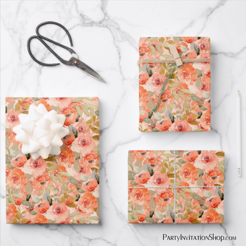 Elegant Orange Watercolor Floral Wrapping Paper Sheets