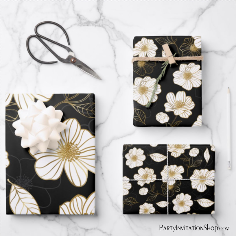 White Gold Floral on Black Wrapping Paper Sheets