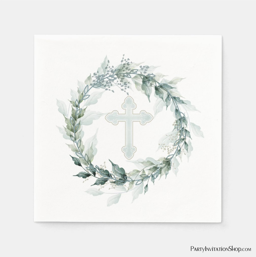 Wreath & Blue Cross First Communion, Baptism, Christening Paper Napkins at PartyInvitationShop.com