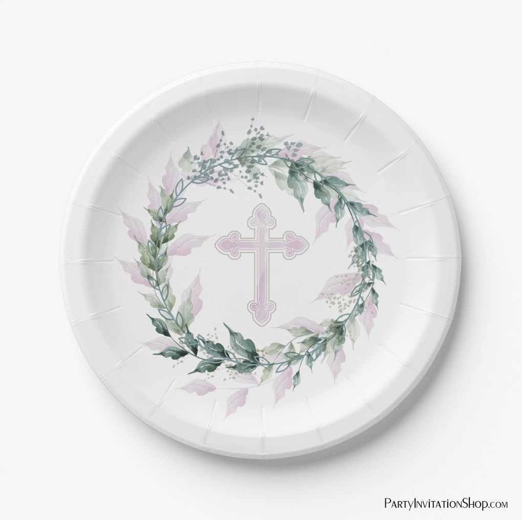 Wreath & Pink Cross First Communion, Baptism, Christening Paper Plates at PartyInvitationShop.com