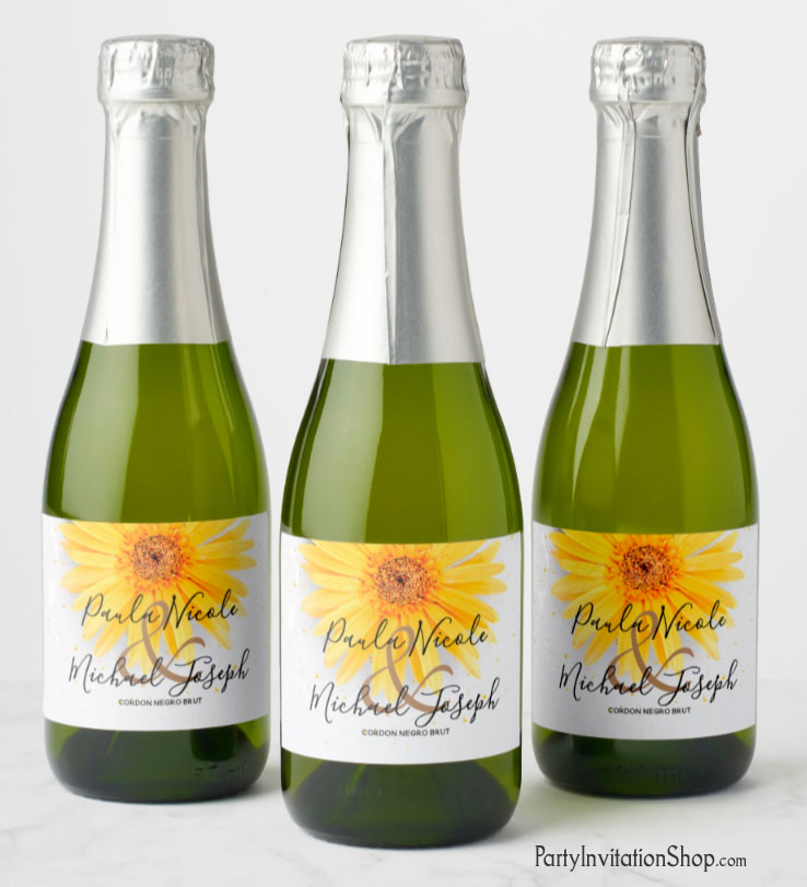 Yellow Daisy mini champagne / wine bottle personalized labels. PartyInvitationShop.com