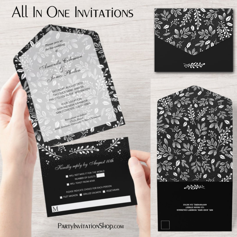 White Botanicals on Black All In One Wedding Invitations