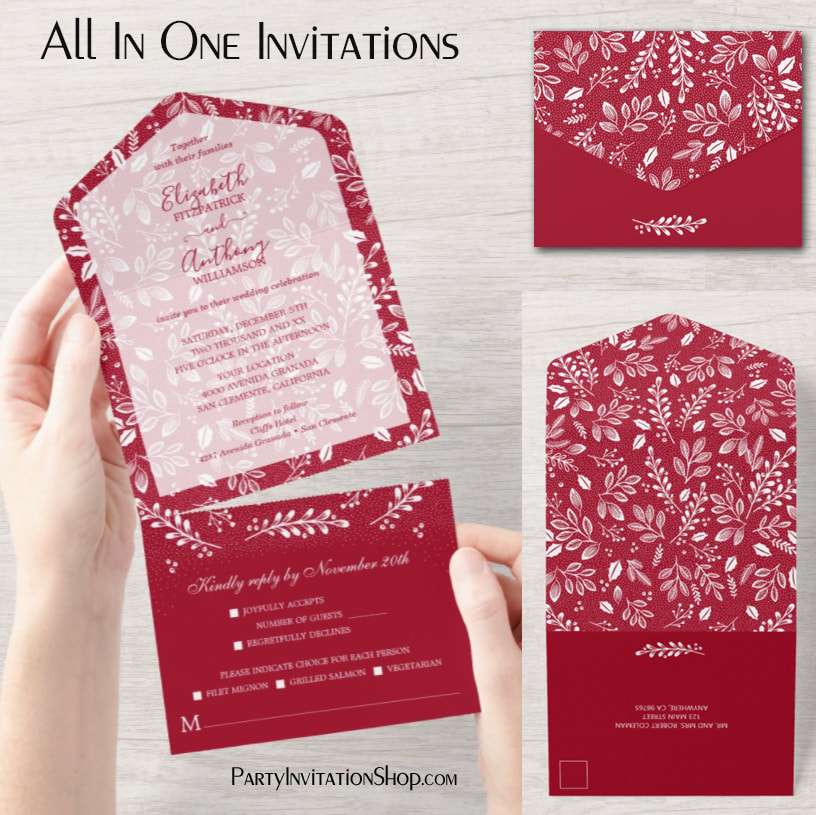 White Botanicals on Cranberry All In One Wedding Invitations