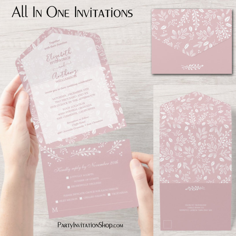 White Botanicals Dusty Rose All In One Wedding Invitations