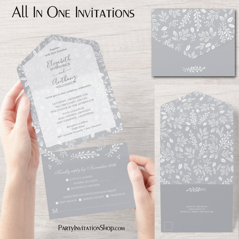 White Botanicals on Gray All In One Wedding Invitations