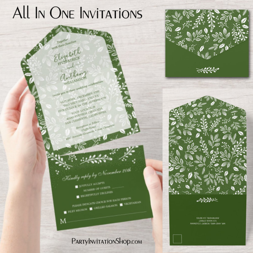 White Botanicals on Green All In One Wedding Invitations