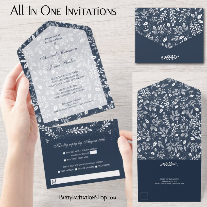 White Botanicals on Navy Blue All In One Wedding Invitations