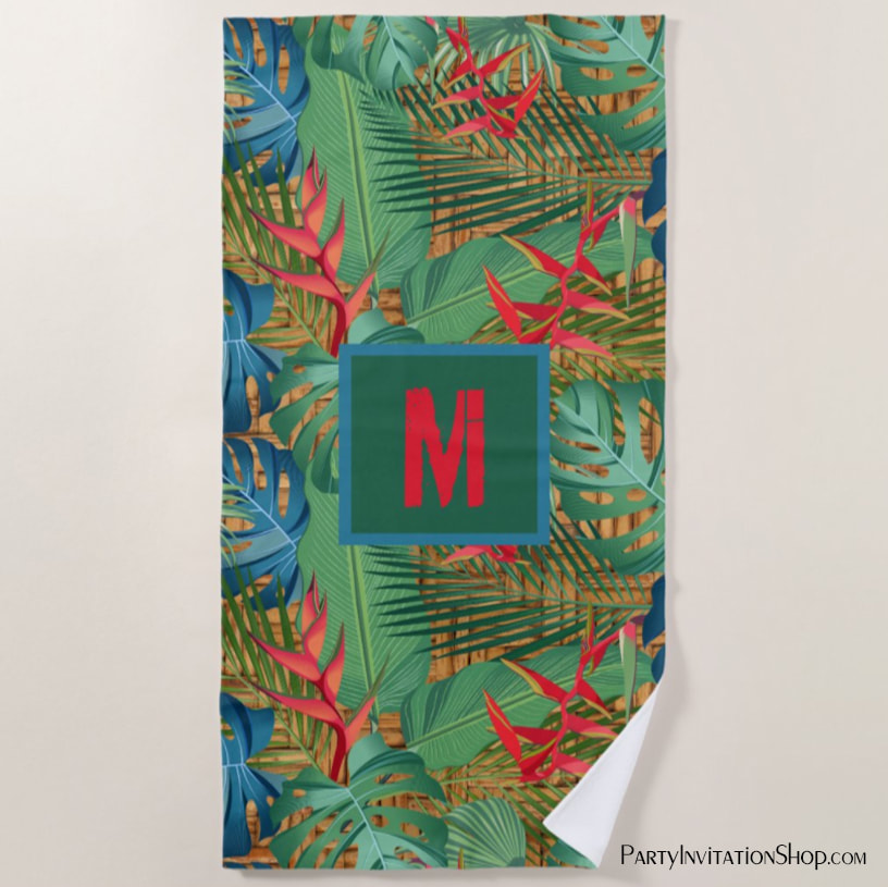 Monogrammed Tropical Floral on Wicker Print Beach Towel