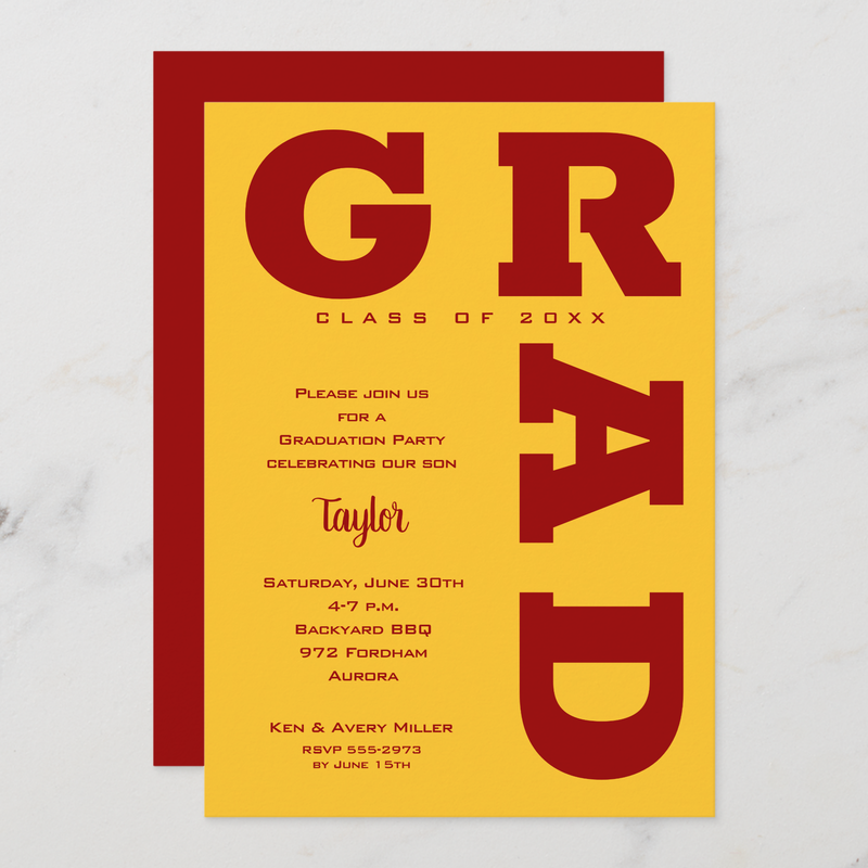 Bold GRAD Cardinal Red Gold Graduation Invitations