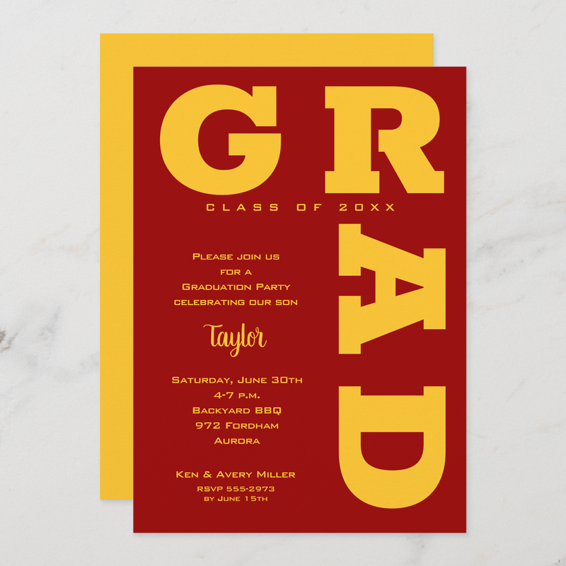Bold GRAD Gold on Cardinal Red Graduation Invitations