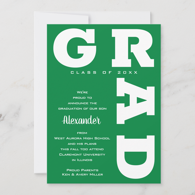 Bold GRAD White on Green Graduation Announcement