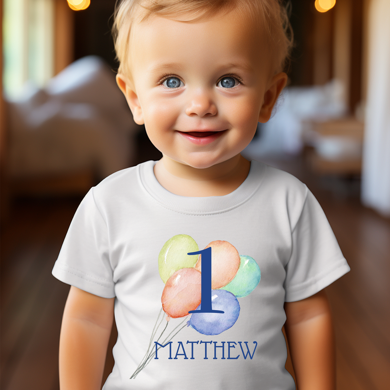 Boy First Birthday with Name and Balloons Baby T-Shirt
