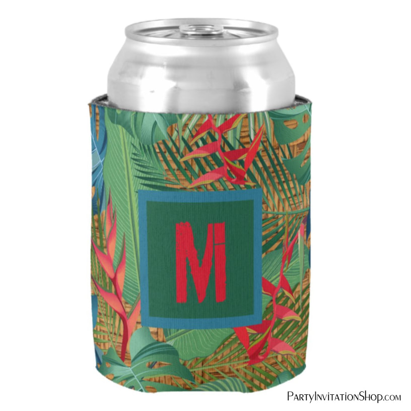 Monogrammed Tropical Flowers on Wicker Print Can Coolers