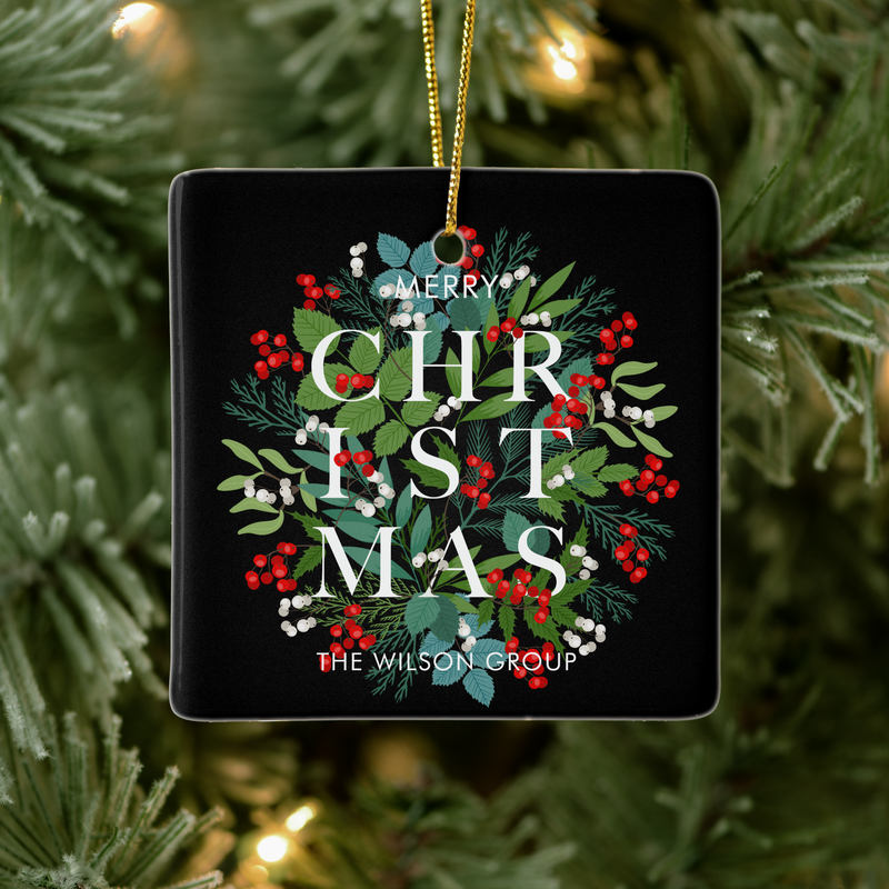 Christmas Greens and Berries on Black Ceramic Ornament