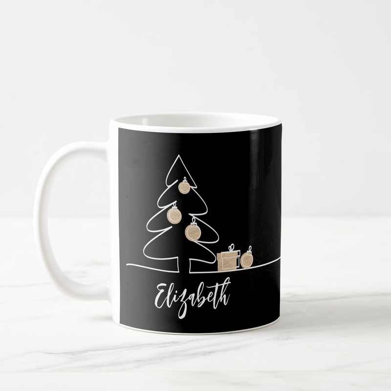 Merry Christmas Tree on Black Coffee Mug