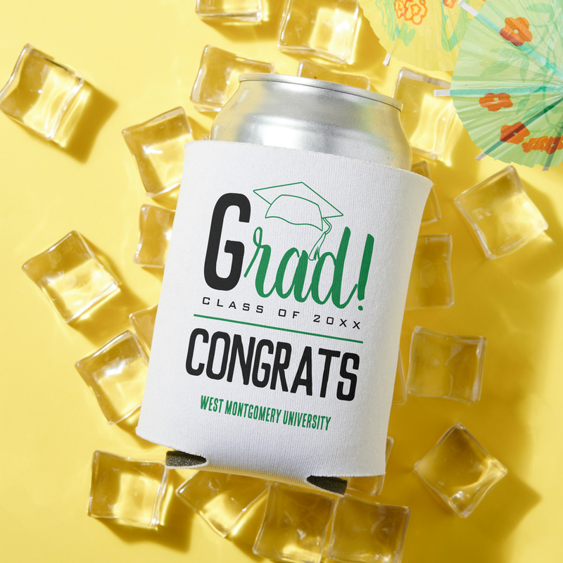 Congrats Grad Cap Green and Black Can Coolers