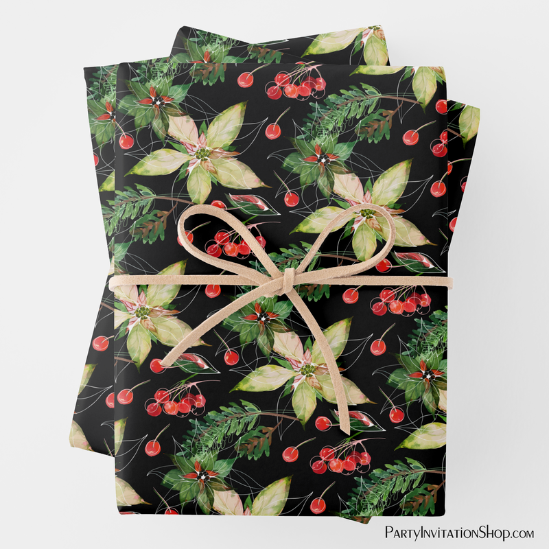 Elegant Poinsettia and Berries on Black Wrapping Paper Sheets