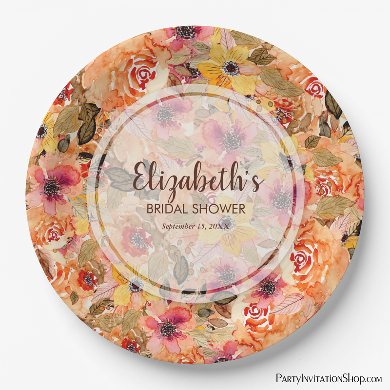 Autumn Watercolor Flowers Bridal Shower Paper Plates