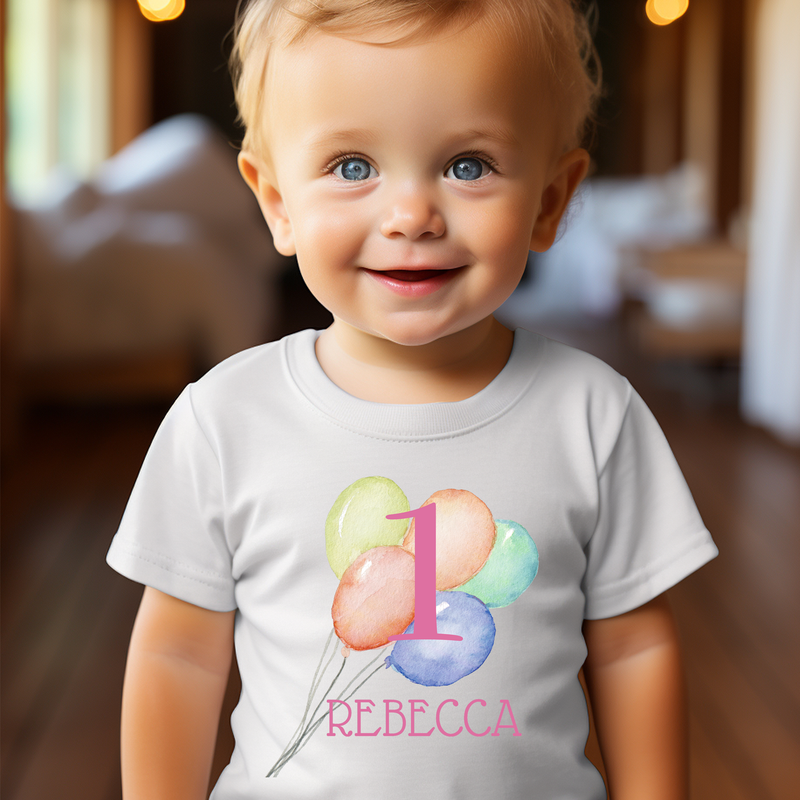Girl First Birthday Balloons and Name Baby T-Shirt