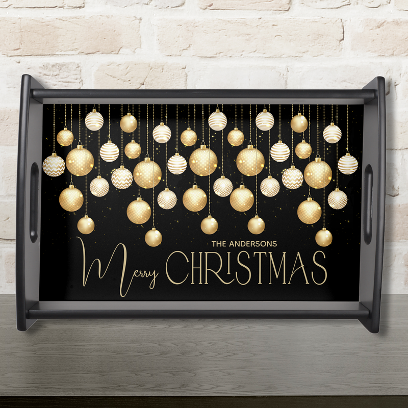 Gold Christmas Tree Ornaments Family Name on Black Serving Tray