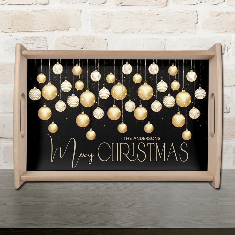 Gold Christmas Tree Ornaments Family Name Natural Wood Serving Tray
