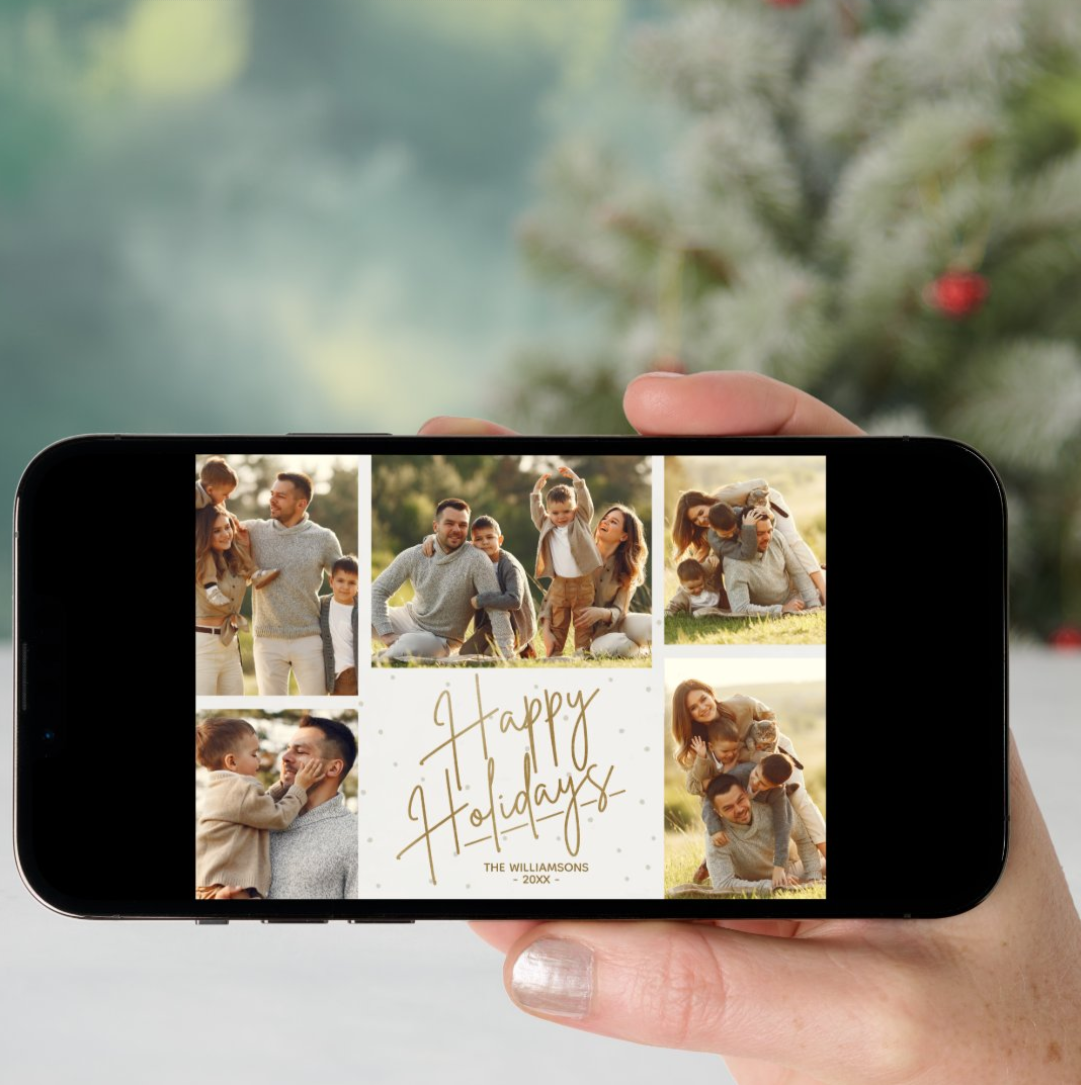INSTANT DOWNLOAD Gold Happy Holidays Five Photos Holiday Card