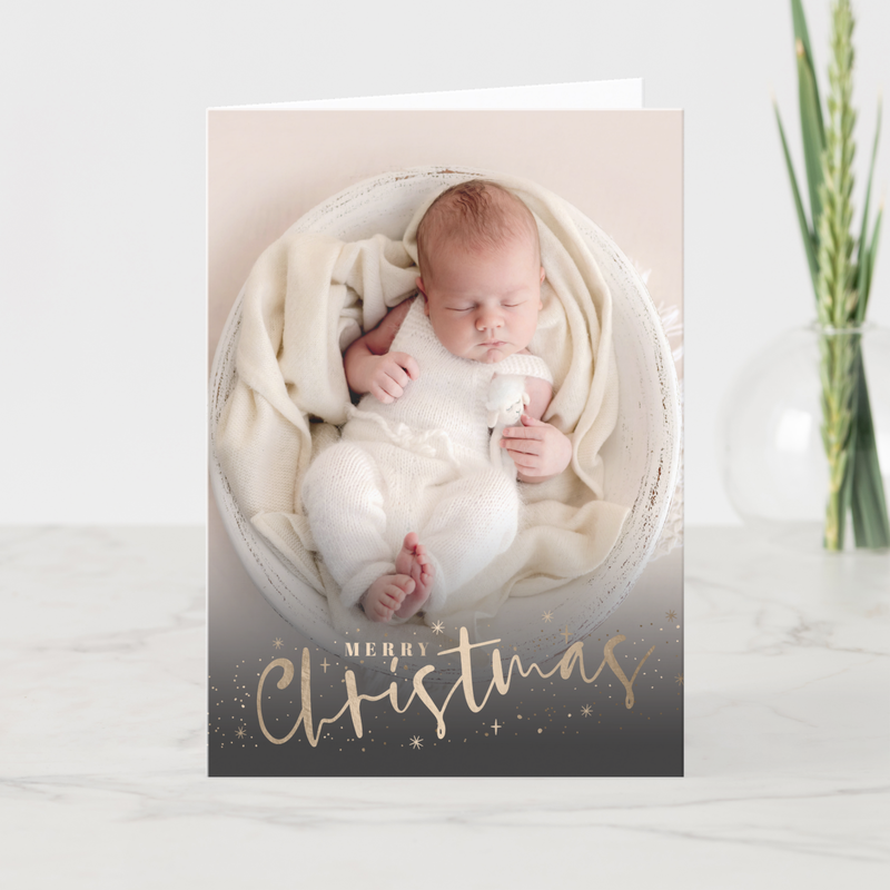 Gold Merry Christmas Folded Photo Holiday Cards