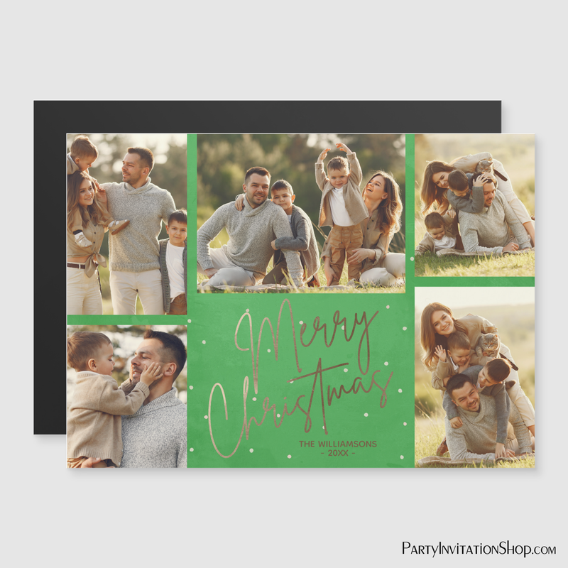 Gold Script Merry Christmas 5 Photo Green Magnetic Holiday Cards